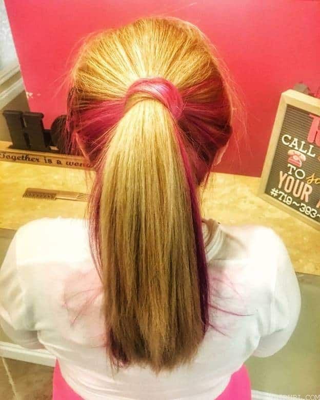 pink highlights on golden blonde hair