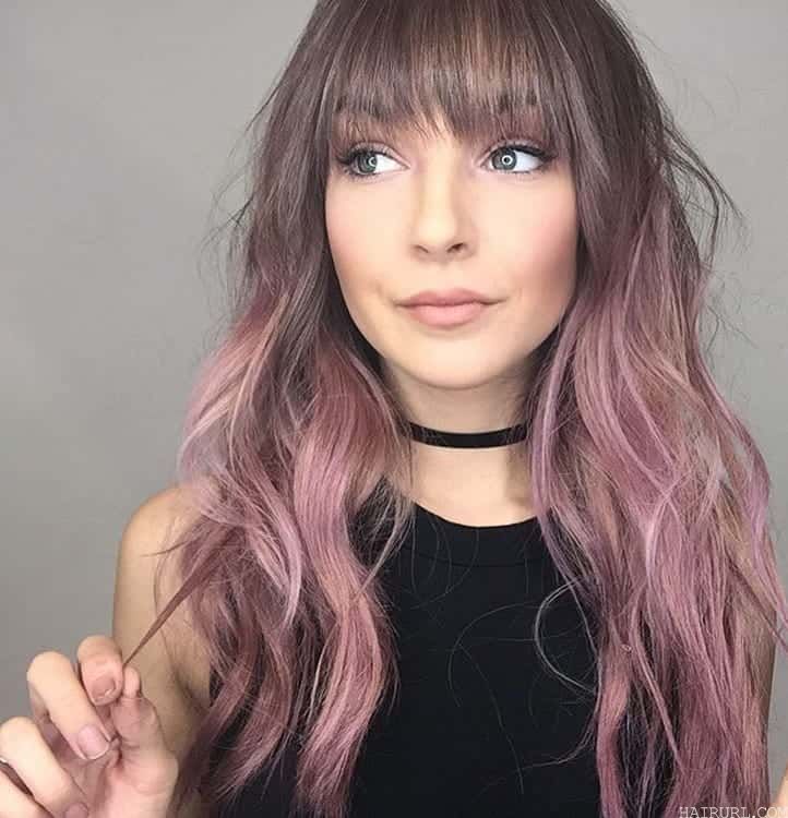 dusty rose pink hair with bangs