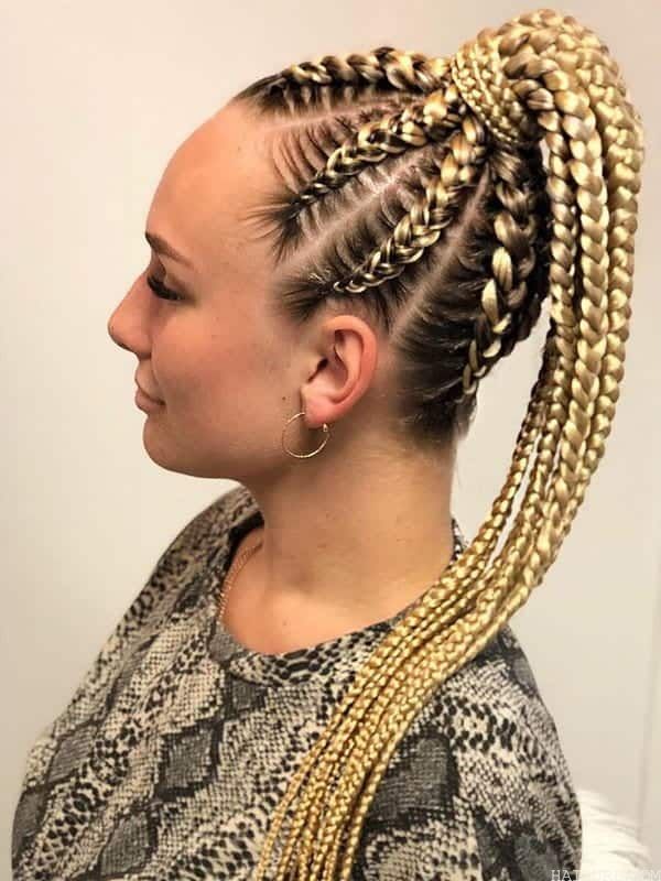 cream blonde braided ponytail with weave