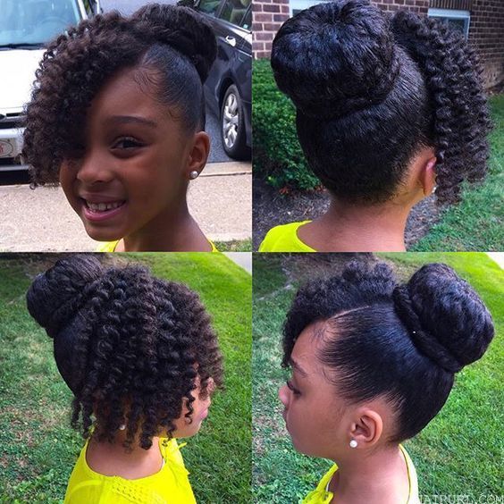 cute little girl Bangs and a Bun hairstyle 