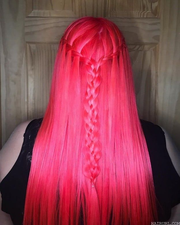 waterfall braid on bright pink hair