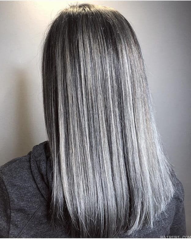 Sleek Straight Hair with Silver Highlights