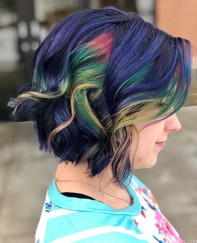 dark blue hair with multicoloured highlights