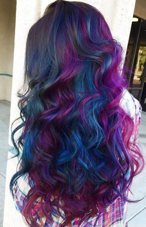dark brown hair with blue and purple highlights