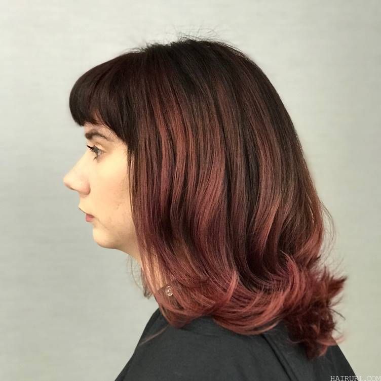 Burgundy Highlights with Straight Bangs