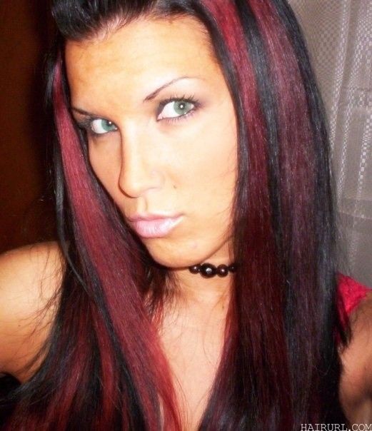 Burgundy and black hair with red highlights