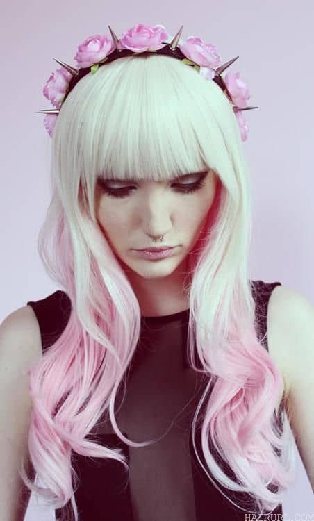 pink and white ombre with bangs