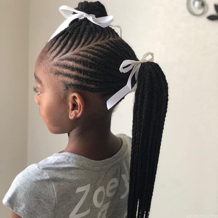 parted braided ponytail with weave