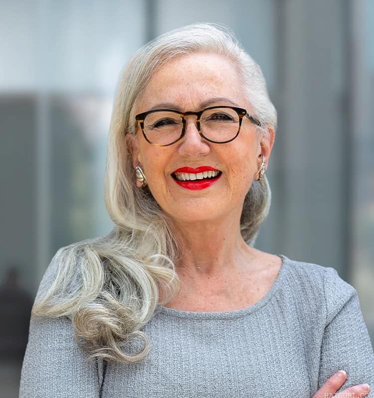 long hairstyle for older women with glasses