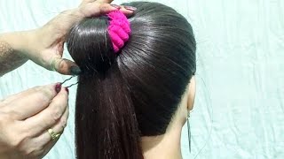 Simple Bun Hairstyle For Saree With Rubber Band ! Simple & Cute Hairstyle With Long Hair ! Hairbun