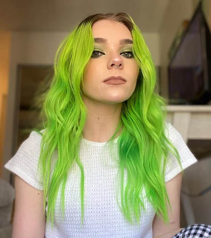 lime green hair with dark roots