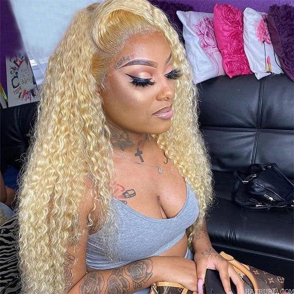 kinky curly honey blonde lace front wigs