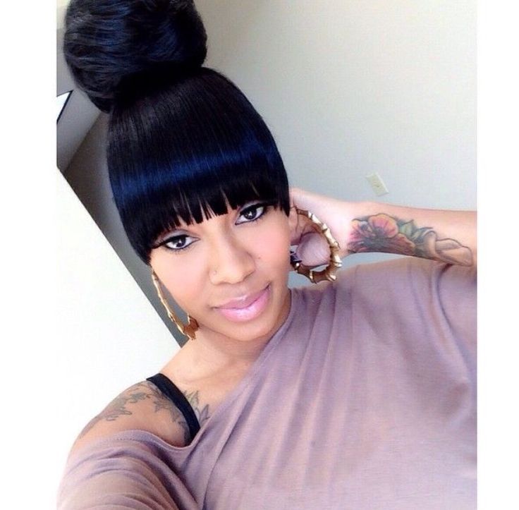 High ponytail with blunt bangs
