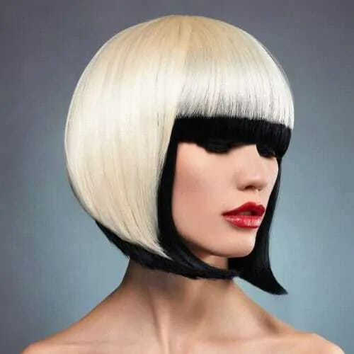 Woman with a beautiful platinum blonde and black Inverted bob, one of the different types of bobs.