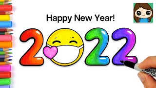 How To Draw & Color Happy New Year 2022 Bubble Numbers With Mask Emoji
