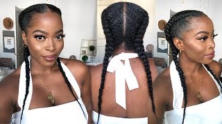 How To: 2 French Braids With Weave On 4B 4C Natural Hair | Easy No Feed In Method