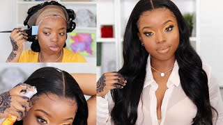How I Install & Lay Transparent Lace Wig Like A Hair Stylist | Dye Jet Black With Pin Curls