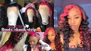 How To : Hot Pink Roots /Skunk Strip  *Detailed*| Wig Install +Wand Curls Ft. Eullair Hair