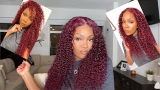Burgundy Curly Hair Install In Under 10 Minutes!|Beginner Friendly Lace Wig! Ft. Hurela Hair!!