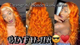 Orange W/ Blonde Skunk Stripe Lace Front Wig Install Ft. Binf Hair