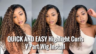 Quick And Easy Curly Highlights! No Dye Needed! Curly V Part Wig Install | Unice Hair