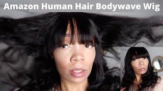 Amazon: Sooolavely Hair Body Wave Wigs With Bangs Virgin Brazilian Human Hair 130% Density 18 Inch