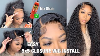 Curly Side Part 5X5 Closure Wig Install Using Ebin Lace Adhesive Spray | West Kiss Hair