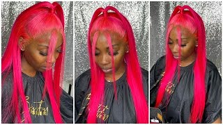 Hot Pink Hair | Full Lace Wig Install| Top Ponytails & Strip Bangs✨| Lace Melt Adhesive ✨