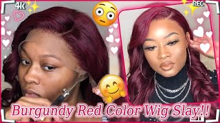 Review: 13X4 Transparent Lace Frontal Wig Slay! Install Burgundy Red Color Wig Ft. #Elfinhair