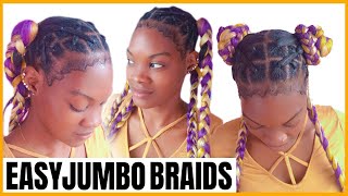 How To : Do 4 Jumbo Braided Pigtail For Beginners/ Rubber Band Method / Criss-Cross/Multi-Colors