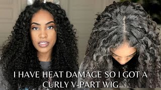 I Have Heat Damage So I Got A Curly Wig! | Natural Curly V Part Wig Review Ft. Nadula Hair