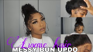 How To: Do Cute Messy Bun Updo W/ 13X4 Lace Curly Hair Ft Luvmehair | Assalaxx