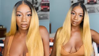 Outre Human Hair Blend Lace Front Wig & Play Swiss Lace I Part Charlene- Dr3Hgold