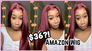 A $36 Burgundy Lace Front Synthetic Wig From Amazon?! | My First Time Wearing A Wig (Glueless)