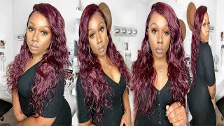 This Burgundy  Wig Is Fire  99J Body Wave 5X5 Closure Wig Ft Recool Hair