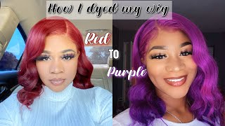 This Transformation  | Removing Red Hair Dye | Dying My Wig Purple  Water Color Method