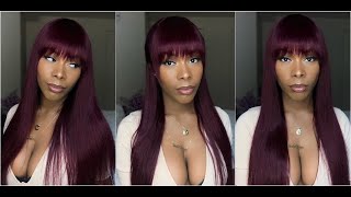 Wear And Go: Unice Burgundy Silk Straight Human Hair Wig With Bangs Glueless | 99J Wig