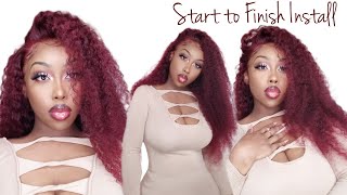 99J Burgundy Pre-Colored | 24 Inch Kinky Curly Frontal Wig | Start To Finish Install | Ft. Kemy Hair