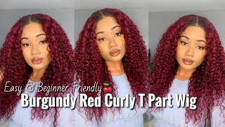 99J Color Burgundy Curly Wig For Beginners! | T Part Curly Wig | Incolorwig