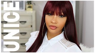 Affordable Burgundy Colored Wig W/ Fringe Bangs| Quick Install + Styling| Ft. Unice Hair