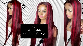 Red Highlights On Burgundy Hair Color On A Black Wig