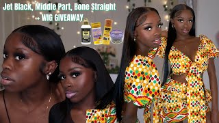 Flattest Jet Black Middle Part Bone Straight Wig Install + Giveaway | Ashimary Hair