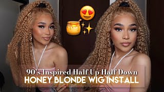 Honey Blonde Curly Wig W/ Swooped Edges Wig Install | Kinky Curly Wig | Kemy Hair