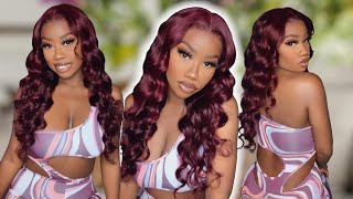 Beautiful Bouncy Wand Curls On A 13X4 Burgundy Lace Front Wig Ft Hurela Hair | The Tastemaker