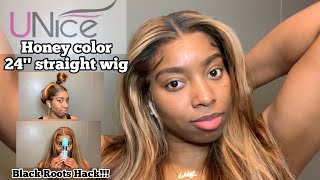 Honey Highlight Wig W/ Black Roots Hack!!! Ft. Unice Hair