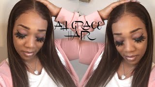 Ali Grace Brown Highlight Honey Blonde  Straight  13X4 Human Hair Wig  ] Watch Before You Buy !!
