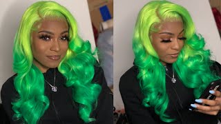 Lime Green Reverse Ombre Hair | Frontal Wig Install | Aliexpress Isee Hair
