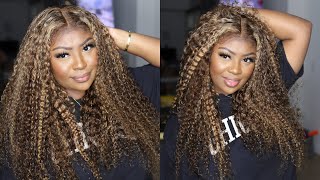 Honey Blonde Highlight Pre Plucked Curly Lace Front Wig | Klaiyi Hair