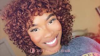 Dark Auburn Color Bubble Curl Bang Wig Unboxing & Review | Hot Beauty Hair