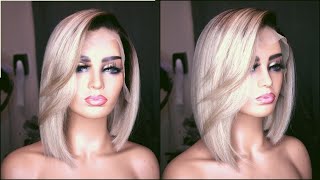 Dark Brown Roots On Short Straight Blonde 613 Bob Wig | How To Style And Customize A Frontal Wig
